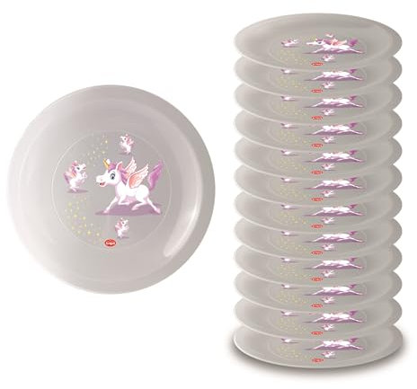 Snips, Set 12 Platos de Plástico Duro Lavables, Platos de Plástico Reutilizables, Decoración Unicornio, Ø 23,5 cm, Made in Italy