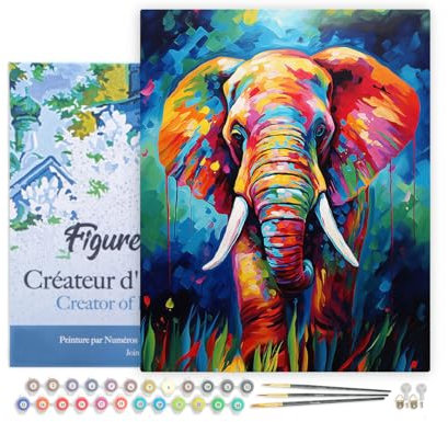 Figured'Art Peinture par Numéro Adulte avec Cadre Éléphant Coloré Abstrait - Activité Manuelle Kit de Loisir Créatif DIY Numéro d'Art Complet Animaux - 40x50cm toile tendue sur châssis