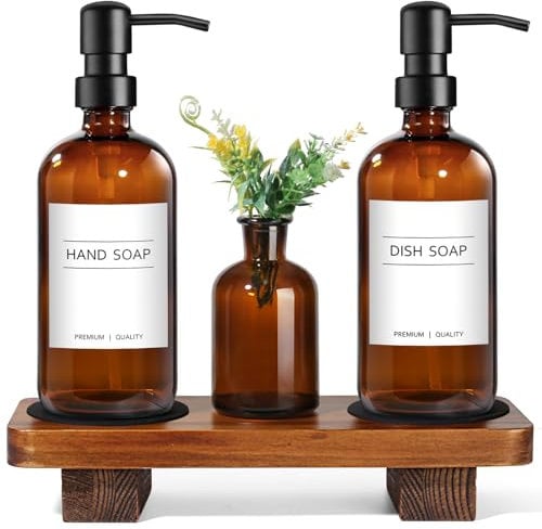 Set dispenser di sapone per mani e piatti, per cucina, dispenser di sapone in vetro ambrato con pompa in acciaio inossidabile, set di dispenser di sapone da cucina con vassoio in legno, dispenser di