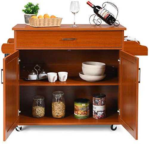 KOMFOTTEU Carrello da cucina con piano di lavoro, armadio da cucina in legno con ruote, trolley da cucina con cassetto e ripiano regolabile, portaspezie, carrello da cucina, 116 x 40 x 85 cm