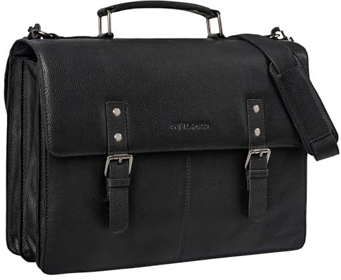 STILORD 'Bernd' Sac de Professeur Cuir Vintage Serviette Homme Sacoche Ordinateur 15.6 Pouces Sac Bandoulière Cartable Femme en Cuir Véritable, Couleur:ossidiana nero