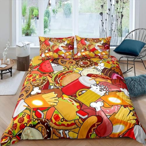 Bettwäsche 135x200 Pommes-Frites-Burger 3D Bettwäsche-Sets Junge, Mädchen, Kinder, Essen 3 Teilig Weich Mikrofaser Bettbezug Set mit Reißverschluss + 2 Kissenbezüge 80x80 cm 553-H