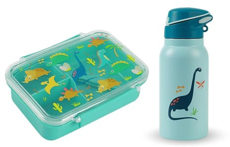 I-Drink - Kit Lunchbox + Borraccia Termica in Acciaio Inox 350ml - per Bambini - Porta Merenda - Picnic, Gite e Scuola - con Disegni di Infanzia (Dino Termico)