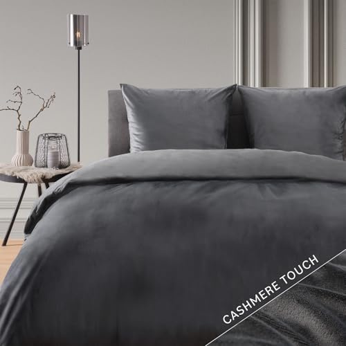 Blumtal Winterbettwäsche 140x200 cm Cashmere-Touch Plüsch – Flauschiges Mikrofaser-Set, Oeko-TEX Zertifiziert, 1 Deckenbezug + 2 Kissenbezüge 80x80 cm – Anthrazit