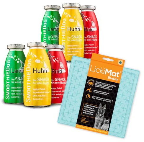 Hunde Smoothie SmoothieDog 6er Mix + Lickimat Buddy M Pastellmint - je 2X: Huhn, Rind, Lamm - Flüssiges Hundeleckerli - Zucker- & glutenfrei - Schleckmatte - je 250ml