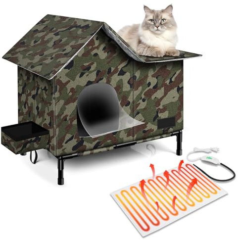 Beheiztes Katzenhaus, abnehmbare, erhöhte, wetterfeste Katzenhäuser für Outdoor-Katzen mit Heizkissen (Camo, groß)