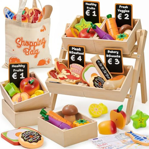 Atoylink Accessori Cucina Bambini in Legno, Giochi Cucina con Frutta e Verdura da Tagliare Giocattolo Cibo Giocattolo, Giochi di Ruolo Regalo Gioco per Bambina Bambini 3 4 5 6 anni