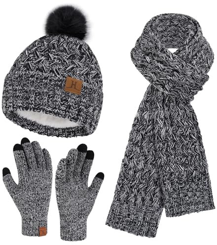 Winter Damen Mütze mit Bommel Lange Schal Touchscreen Handschuhe Set Warm Beanie Wintermütze Strickmütze Fleece Gefütterte Winterhandschuhe Schals für Damen Frauen Geschenk, Schwarz Weiß