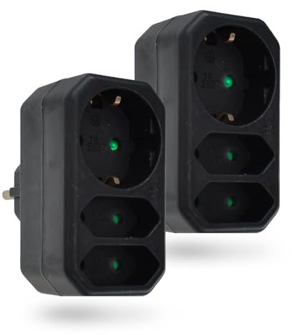 feletec 3-fach Steckdosenadapter 1x Schuko, 2x Euro, schwarz, 2 Stück, Mehrfachstecker, Mehrfachsteckdose