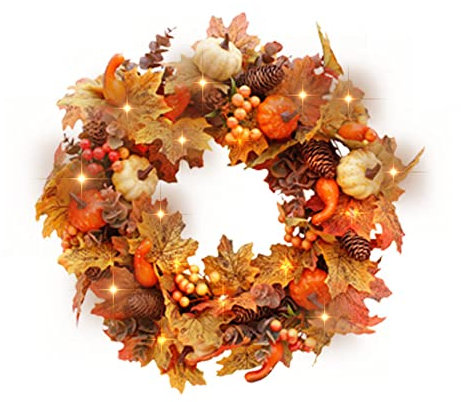 Herbstkranz für Haustür, 40 cm künstliche Ahornblätter mit Licht, Türkranz, Herbstkürbisse, Beeren, Tannenzapfen, Dekorationen für die Haustür, Erntedankfest, Dekor für Halloween/Weihnachten/Hochzeit