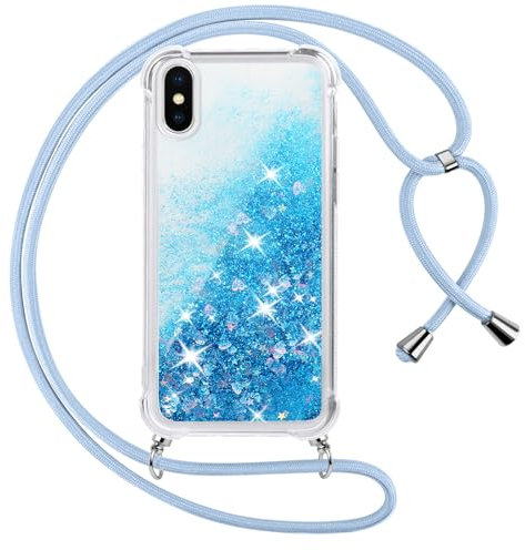 Vauki handyband für iPhone XS/X Hülle mit Band, Silikon Durchsichtig Transparent Flüssig Glitzer mit Kette Kordel Bumper Treibsand Necklace TPU Schutzhülle Case für iPhone XS, Blau