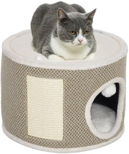 PawHut Tour griffer Chat, tonneau griffoir Chat, Hauteur de 30 cm, avec sisal pour gratter, Dessus en Peluche, Coussins Amovibles, Balle de Jeu, café