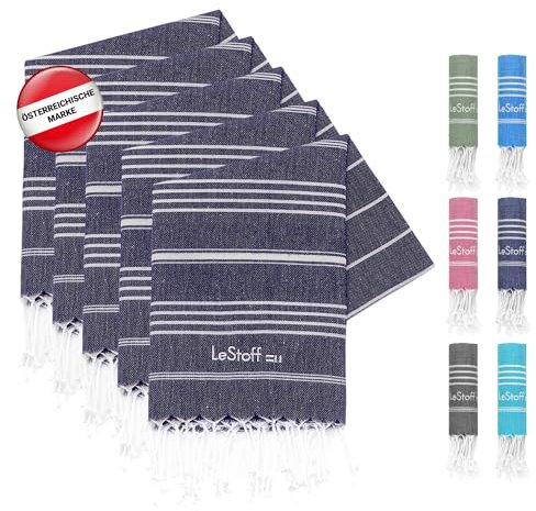 LeStoff 5er-Set Hamamtuch 50 x 100 cm – 100% Bio-Baumwolle, Vorgewaschen, Nachhaltig, Leicht, Kompakt, Saugstark & Schnelltrocknend - Handtuchset für Bad, Gäste, Gesicht, Sport, Reise, Camping (Navy)