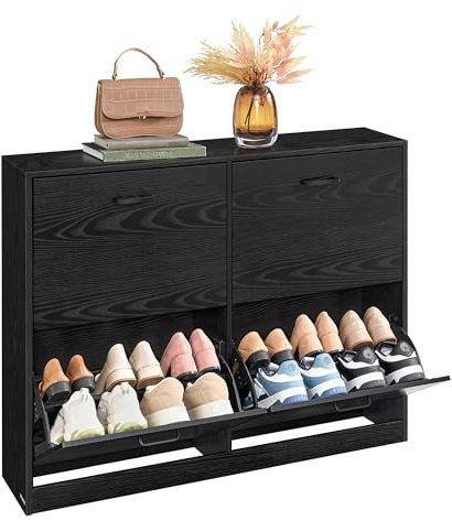 VASAGLE Schuhschrank 4 Klappen, Schuhkipper, Schuhregal, Schuhaufbewahrung, Trennwand verstellbar, für 16-28 Paar Schuhe, Flur, 24 x 105,5 x 82,7 cm, ebenholzschwarz LBC035B01
