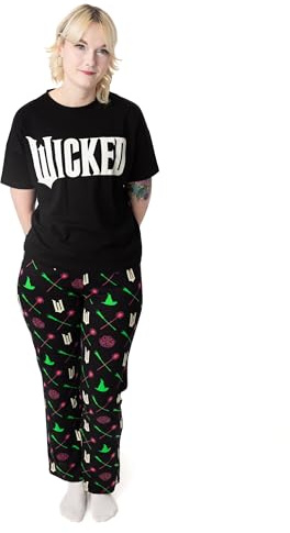 Vanilla Underground Wicked Pyjama-Set für Damen | Kurzärmliges Oberteil mit Wicked-Logo-Grafik für Erwachsene und Pyjamahose mit langem Bein in Schwarz | Damen-Hexen-Spitzhut