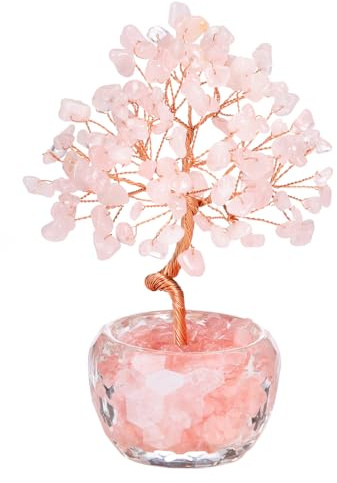 JSDDE Rose Quartz Crystal Tree Healing Crystals Stones Tree with Glass Base Gemstone Tree for Positive Energy Office Decor Fengshui Tree Gift