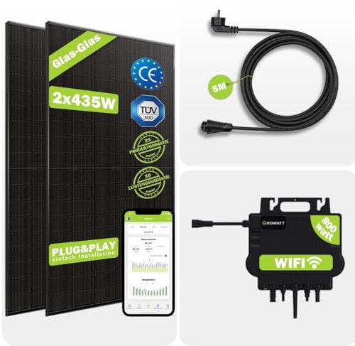 PIANETA Balkonkraftwerk 1170W Solaranlage mit 800W Growatt Micro Wechselrichter WiFi Bluetooth, 2X 450W Bifaziale Solarmodule, Schukokabel 5m, Photovoltaik PV Anlage für Haus Dach Balkon Terrasse