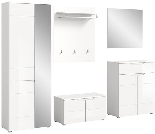 xonox.home - Garderobenkombination Solero 5-tlg. Set 258x193x37 cm in weiß und weiß hochglanz - Flurmöbel Garderobenschrank Dielenmöbel Eingangsbereich