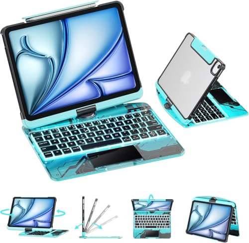 GUSGU Transparent Case with Wireless Keyboard for iPad 10.2-in (7th, 8th, and 9th Gen), 7 Colors Backlight, Trackpad, 360°Rotating Stand, Tech Style