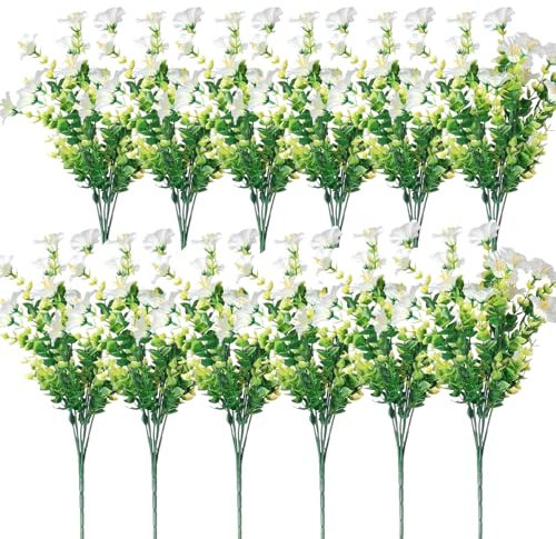 12 Bündel Künstliche Blumen Balkon Kunstblumen, Wetterfest Kunstpflanzen Außenbereich Büsche Plastik Blumenstrauß, Sträucher Pflanzen Zum Aufhängen Für Innen Außenbereich Garten Balkonkasten (weiß)