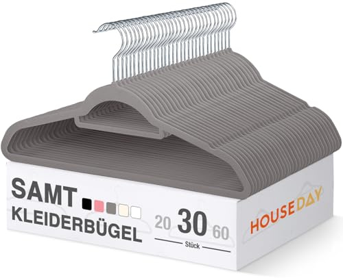 HOUSE DAY Kleiderbügel Samt, 30er Set, Premium Bügel, Kleiderbügel Platzsparend und rutschfest Samtbügel mit 360° drehbarer Haken für Hemden, Anzüge, Pullover, Hosen, Grau