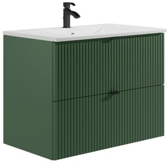 Vente-unique-Mueble de baño Flotante Rayado con Lavabo para empotrar - Verde Mate - 80 cm - ZEVINI