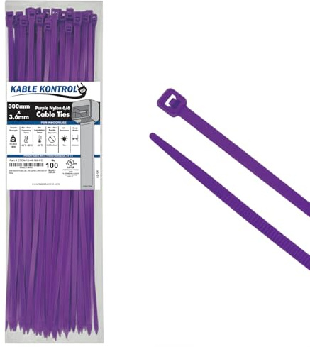 Kable Kontrol Purple Cable Ties, 300 mm x 3.6 mm, Pack of 100, 12 Premium Nylon Zip Ties, Multi-Purpose Plastic Tie Wraps, Secure Self-Locking Mechanism, for Home, Garden, Office and DIY