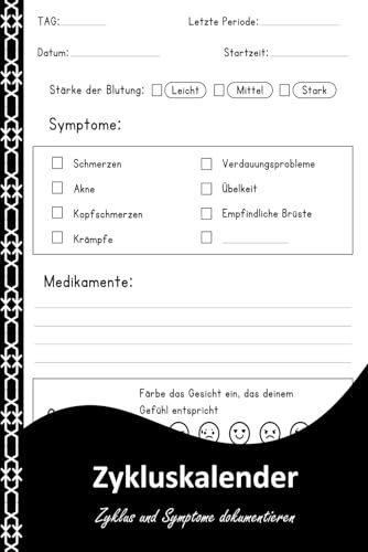 Zykluskalender: Periodentracker zur Dokumentation von Menstruation, Symptomen, Stimmung, Energielevel und voraussichtlichen Zyklustagen.