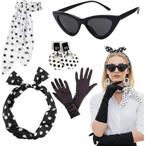 ZocRjvN 60er Jahre Outfit Damen, Rockabilly Accessoires Damen, 5-teiliges Vintage-Set Mit Schal, Handschuhen, Brille, Stirnband Und Ohrringen, Ideal Für 50er 60er Jahre Mottoparty Und Retro-Styling