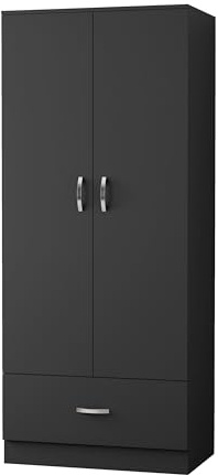Nera 2 Door Wardrobe with Drawer 76cm Wide Bedroom Furniture with Hanging Rail and Storage Shelf Storage Cabinet (1 Drawer Matt Black)