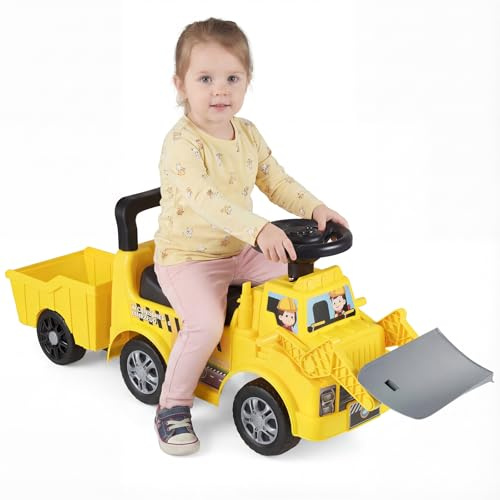 COSTWAY Sitzbagger, Kinderbagger mit Schaufel & abnehmbarem Anhänger | Sitzbagger für Kinder ab 1 Jahr mit Stauraum unter dem Sitz, Hupe & Musik