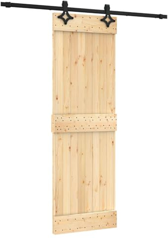 HETFTJN Porta scorrevole 70 x 210 cm, in legno massiccio di pino, set completo con binario da 200 cm, guida per porta della stanza e porta interna, in legno naturale e nero
