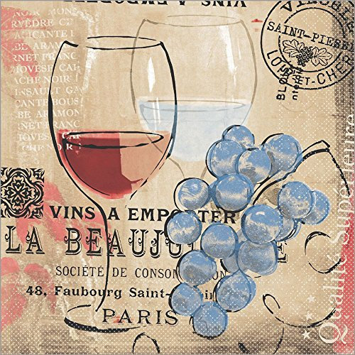 Sovie HORECA Tissue Serviette ROMEO, 33 x 33 cm, 3-lagig, 1/4 Falz, 100 Stück – Design: Weinglas mit Weintrauben in Braun, Blau, Bordeaux & Beige – ideal für Feste & Gastronomie
