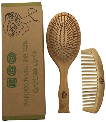 Lot de 2 brosses à cheveux et peigne en bambou recyclables et écologiques