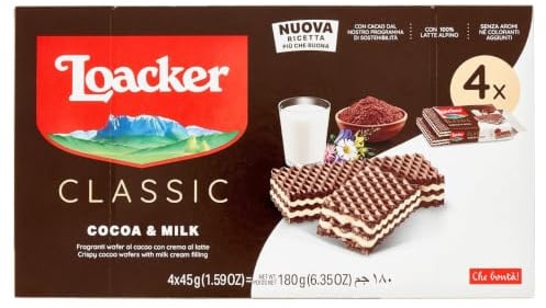 Loacker, Classic Cocoa & Milk Multipack, Wafer Classico con 3 Strati di Cialde al Cacao Farcite con Crema al Latte Alpino, Merenda e Snack, Formato Convenienza, 1 Confezione da 4 Wafer da 45g