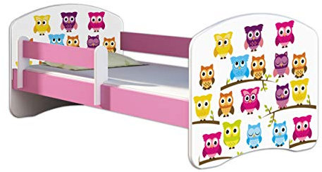 Kinderbett Jugendbett mit einer Schublade und Matratze Rausfallschutz Rosa 70 x 140 80 x 160 80 x 180 ACMA II (31 Eule, 80 x 180 cm)