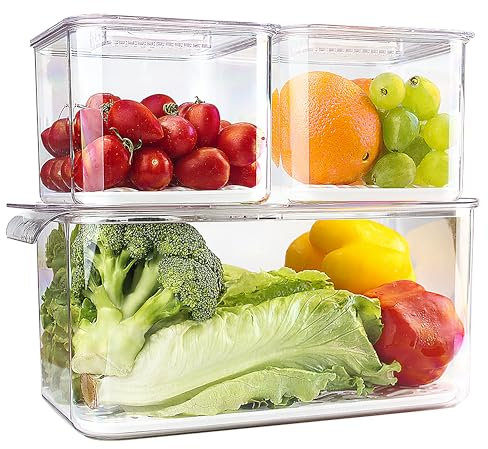 elabo Large Fruit Storage Containers Fridge Fresh Produce Saver - 3 Pack Stackable Refrigerator Organizer Bins with Removable Drain Tray, Clear Container to Keep Lettuce, Salad, Berry and Vegetables