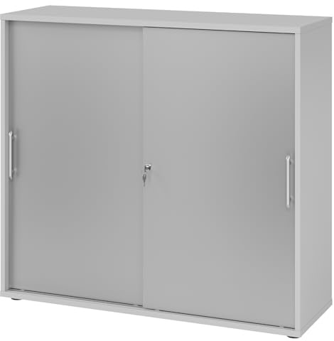 bümö® Schiebetürenschrank mit Schloss | Aktenschrank abschließbar für Ordner | Büroschrank mit Schiebetüren für Akten in Grau-Silber