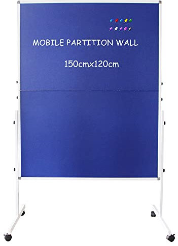 XIWODE Foldable Mobile Room Divider, Double Sided Blue Fabric Bulletin Push Pin Board Rolling with Stand, 150 x 120 cm, Movable Freestanding Screens Office Partition for Presentation and Display