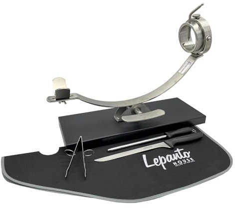 Flores Cortés 17928 Jamonero profesional O Soporte Jamonero, Plateado acero INOX con base de fibra NEGRA + set de CORTE CUCHILLO Y CHAIRA ARCOS NIZA + pinza + CUBRE JAMON LepantoHouse