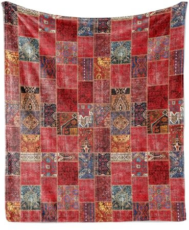 ABAKUHAUS orientalisch Weiche Kuscheldecke Sofadecke, Ethnischer Zier Squares, Gemütlicher Plüsch für den Innen- und Außenbereich, 125 x 175 cm, Dunkler Coral Multicolor