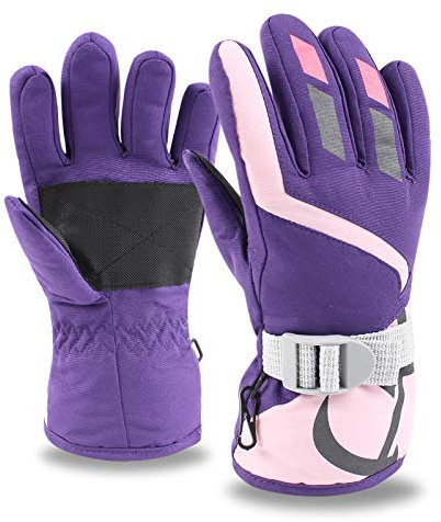 XIAOHAWANG Bambini Inverno Guanti da Sci Impermeabile Ragazzi e Ragazze Guanti da Snowboard Caldi 4-7 Anni (Viola, Taglia Unica)
