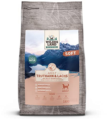 Wildes Land - Halbfeuchtes Trockenfutter für Hunde - Truthahn & Lachs - 5 kg - Soft mit Reis und Wildkräutern - Glutenfrei - Extra viel Fleisch - Für alle Hunderassen - Beste Akzeptanz