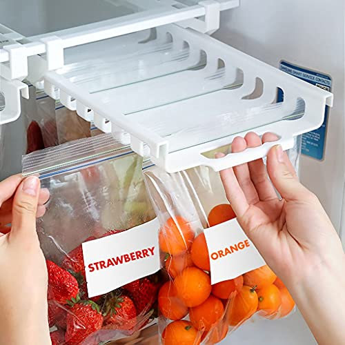 JAZCOR 3-in-1 Fridge Storage Organizer including rack, resealable bag holder and 10 resealable bags for freezer refrigerator telescopic rack hanger sliding tray, meal planner for food/fruits/veggies