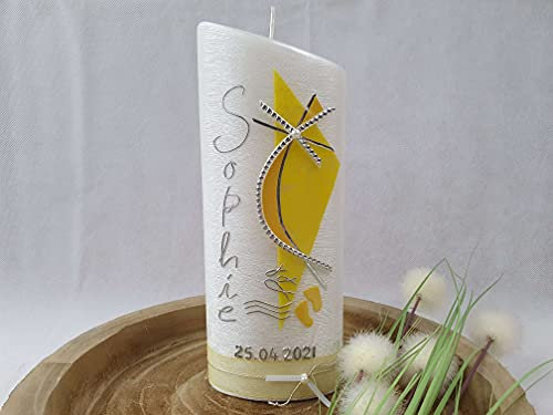 Taufkerze Perlmutt geriffelt - Ellipse abgeschrägt Gelb marmoriert oder Wunschfarbe