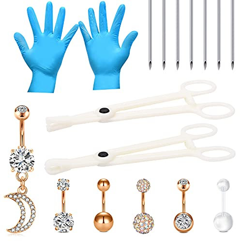 NIUSIMAN 16 Stück Bauchnabelpiercing Kit 14G Piercing Set Piercing Nadel Körperpiercing Werkzeugset mit weißem Zirkonia Diamant Mond Anhänger Bauchnabel Piercing Schmuck-Roségold