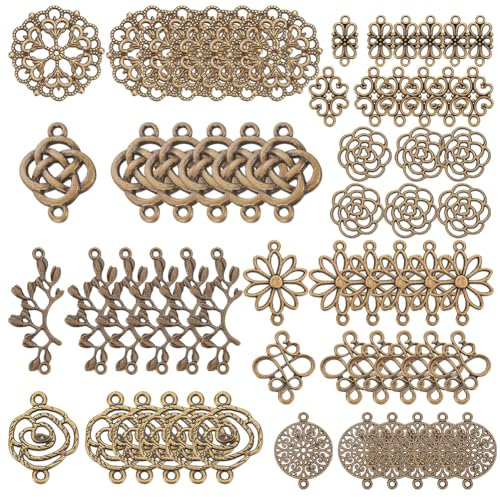 SUNNYCLUE 1 Box 60Stück 10 Stile Blumenverbinder Charm Antik Bronze Hohle Filigrane Blumenglieder Legierung Flache Runde Blattknoten Vintage Anhänger Für Schmuckherstellung Charms DIY Zubehör
