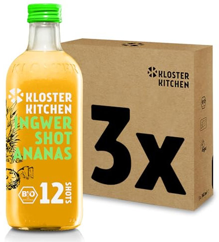 Kloster Kitchen Bio Ingwer Shot Ananas 12SHOTS 3x 360 ml mit echten Ingwerstückchen I Ingwershot vegan I Glasflasche I süß-scharf ohne Zusatzstoffe & mit natürlicher Süße (inkl. 0,75€ EINWEG Pfand)