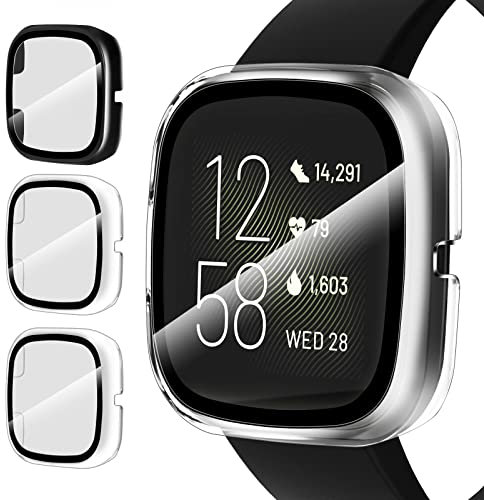iVoler 3 Pezzi Cover con Vetro Temperato per Fitbit Versa 2, Copertura Completa Custodia Rigida PC, HD Clear Pellicola Protettiva Anti-Graffio Case, 2 Trasparente + 1 Nero