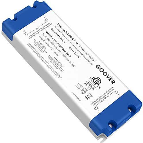 GOOVER 25W Triac Dimmable Driver,Power Supply,AC 120V to DC 12V Transformer,Compatible with Lutron and Leviton Dimmers,for LED Lighting,Class 2,ETL Certified